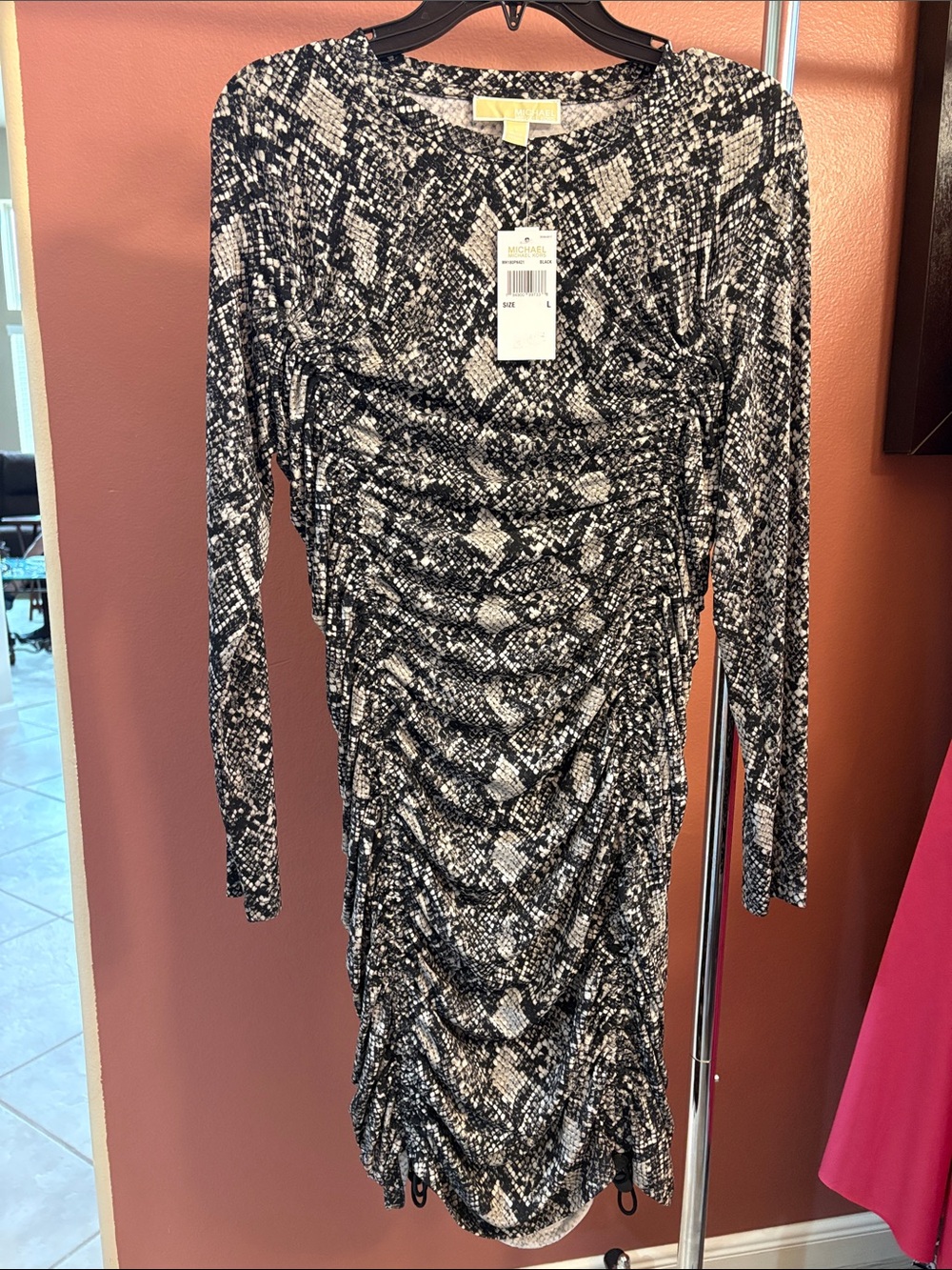 Michael Kors Black & White Snake-Print Ruched Long Sleeve Dress